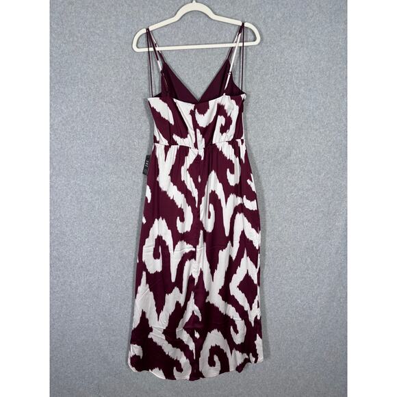 Express Dress Medium Burgundy Midi Satin Wrap Ikat Hi Lo Resort Cruise NEW $98 - Picture 9 of 13